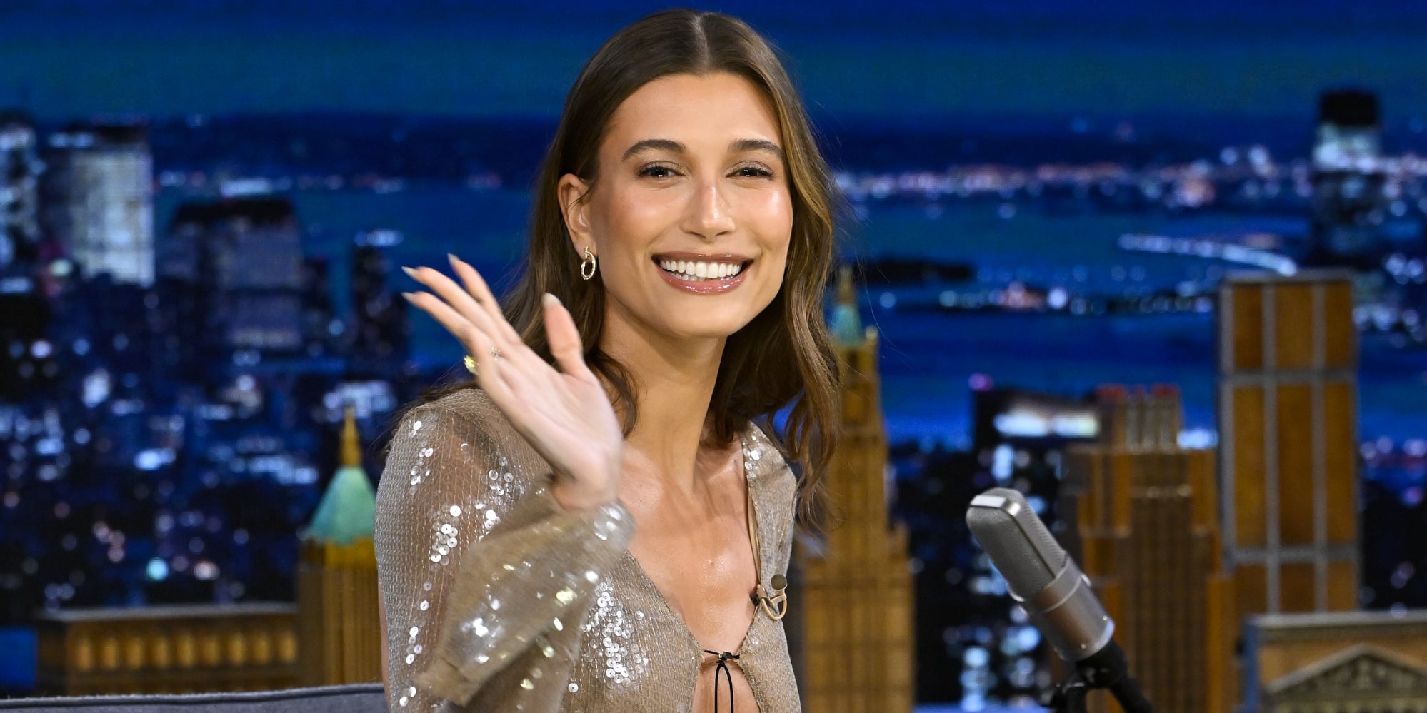 Hailey Bieber Wears Sequin 16Arlington Dress on Jimmy Fallon | PS Fashion