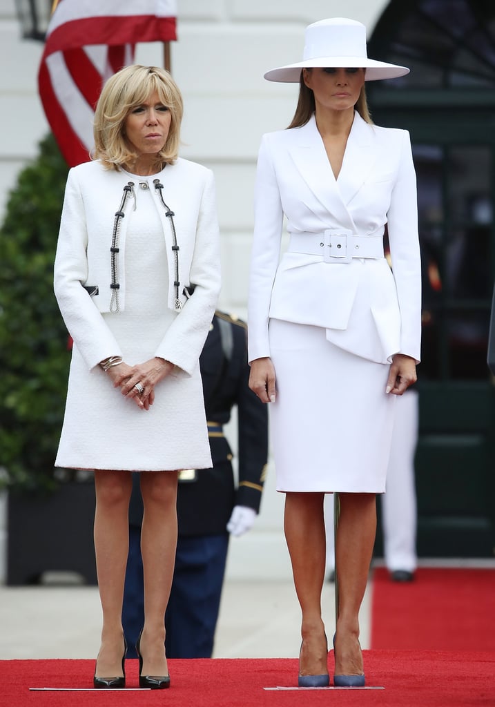 When French President Emmanuel Macron and his wife Brigitte Macron visited the White House on April 24, Melania coordinated with Brigitte in white. She wore a Michael Kors Collection ensemble from the Spring '18 collection and Christian Louboutin pumps. It wasn't long before Melania's hat drew comparisons to Beyoncé's Formation look on Twitter.