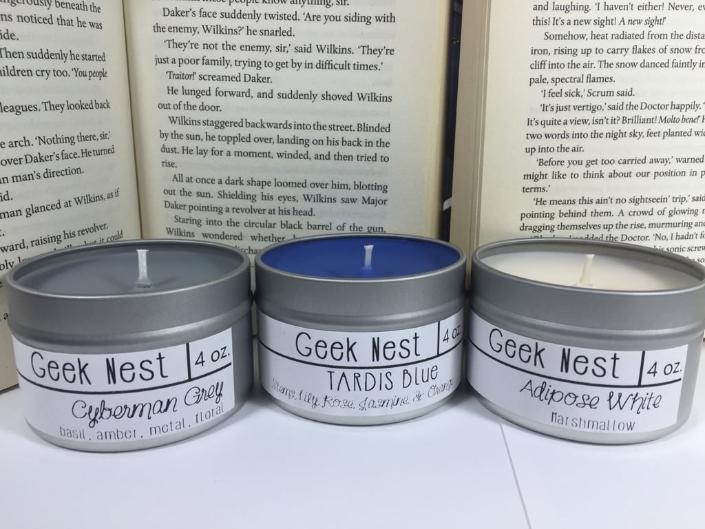 Doctor Who candle set ($22) with Cyberman Grey (unisex cologne/perfume with metal undertones), TARDIS Blue (lily, rose, stems, jasmine, and orange), and Adipose White (light marshmallow)