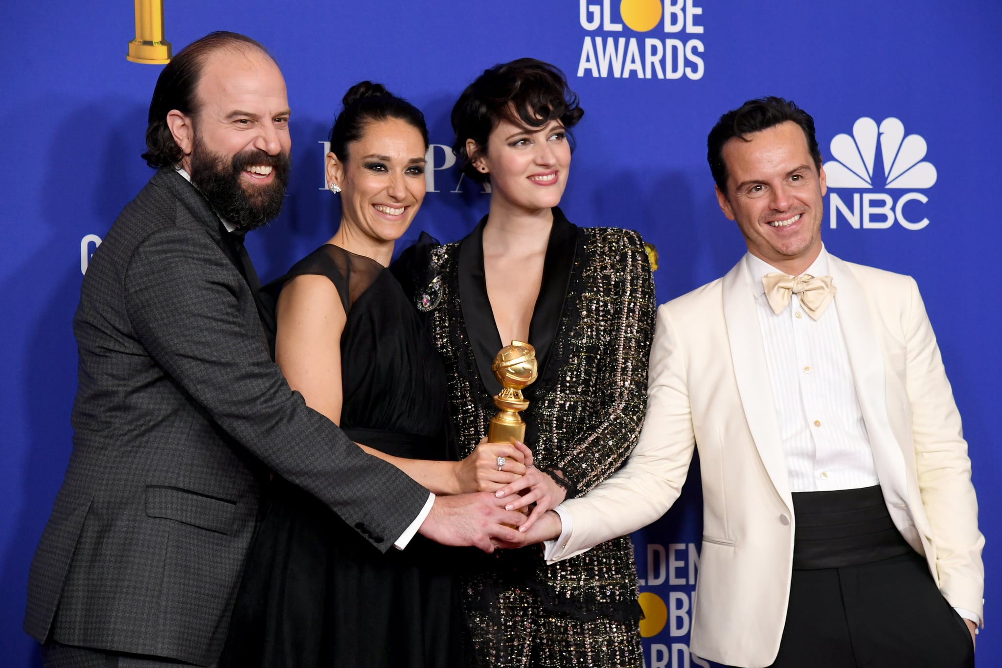 BEVERLY HILLS, CALIFORNIA - JANUARY 05:  (L-R) Brett Gelman, Sian Clifford, Phoebe Waller-Bridge and Andrew Scott, winners of Best Television Series - Musical or Comedy poses in the press room during the 77th Annual Golden Globe Awards at The Beverly Hilton Hotel on January 05, 2020 in Beverly Hills, California. (Photo by Kevin Winter/Getty Images)
