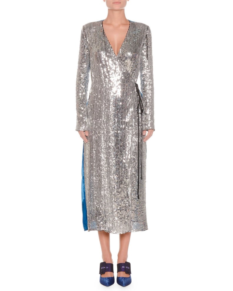 Attico Long-Sleeve Sequin and Velvet Robe Wrap Cocktail Dress