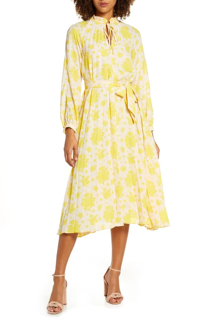 CAARA Yara Long Sleeve Floral Pleat Midi Dress