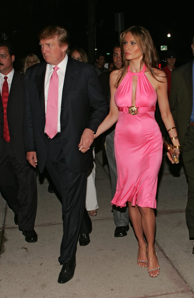 Melania's halter-style, knee-length dress was complete with a gold brooch when she stepped out in Miami in 2005.