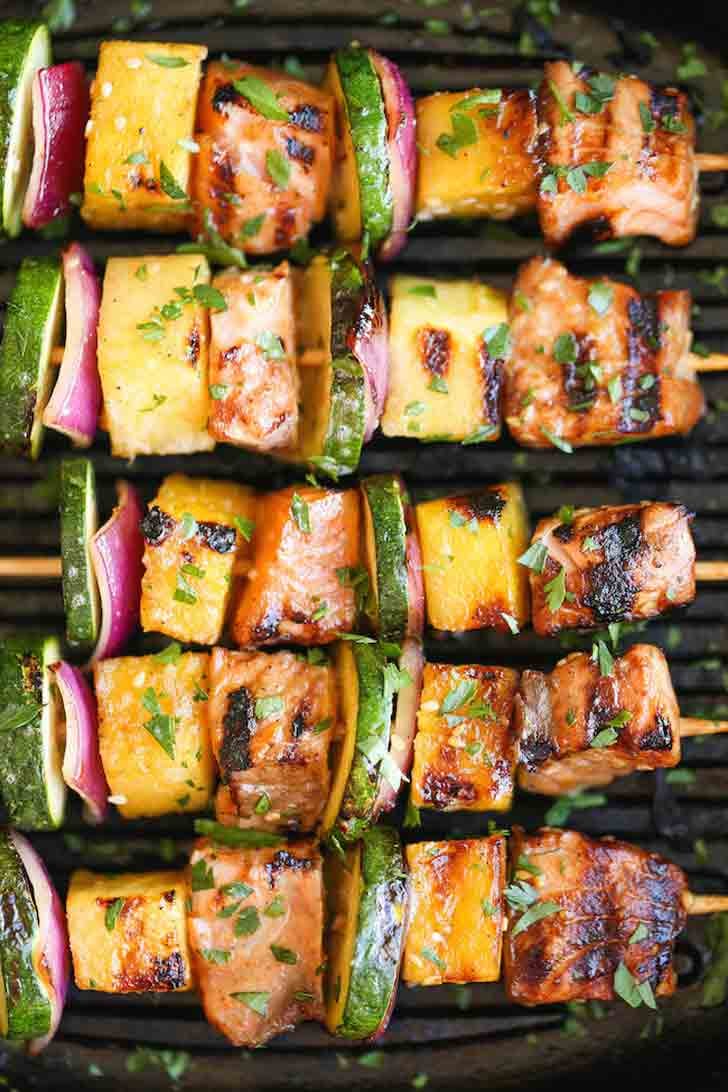 Asian Salmon Kebabs With Pineapple, Red Onion, and Zucchini