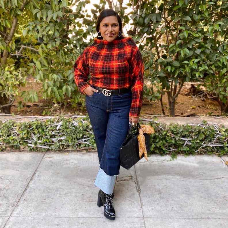 Mindy Kaling's Red Plaid Sweater and Jeans on Instagram | POPSUGAR Fashion