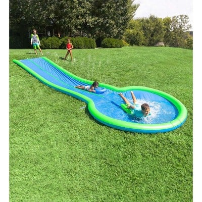 HearthSong Ultimate Extra Long 2 Person Water Slide with Sprinkler, Splash Pool, and Two Inflatable Speed Boards