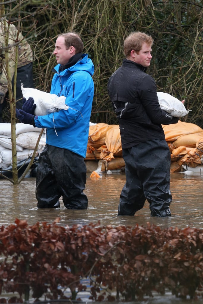 Prince William and Prince Harry got their hands dirty on Friday, when they set out on a private mission to help with the flood relief efforts in Datchet, England.