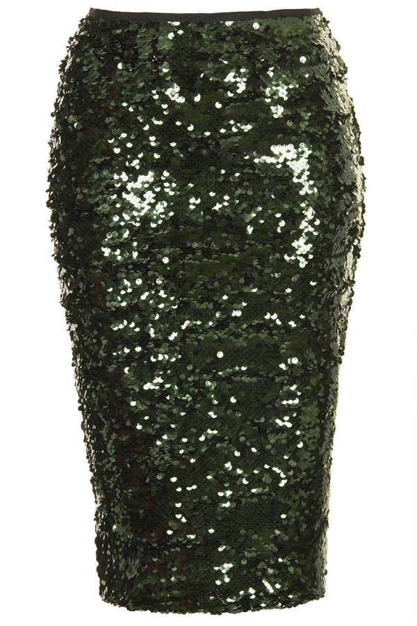 Topshop Dark Green Sequin Pencil Skirt