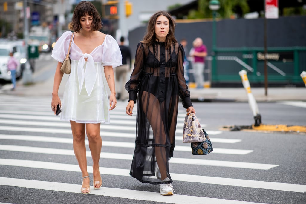 Going braless in a white sheer dress (left) and styling a black sheer dress with matching undergarments (right).