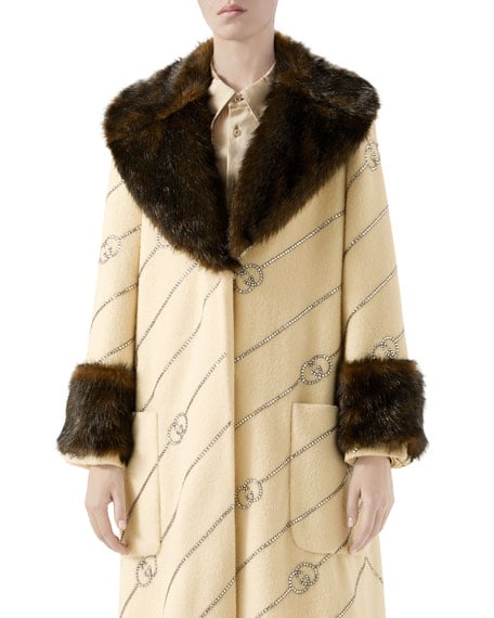 Gucci Logo Jacquard Faux-Fur Trim Coat
