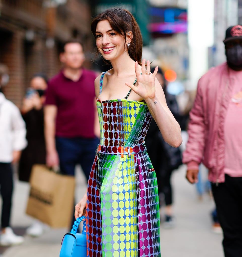 Anne Hathaway Wears Colourful Christopher John Rogers Outfit