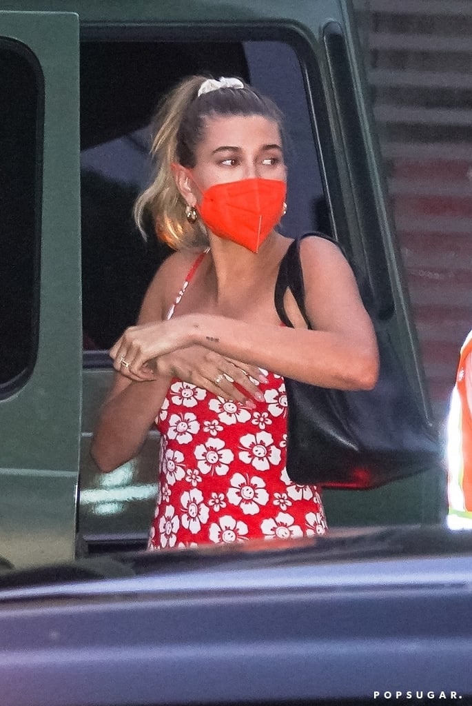 Hailey Bieber Wearing Red Floral Slip Dress and New Balances | POPSUGAR Fashion UK Photo 3