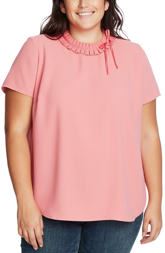 CeCe Pleated Collar Short-Sleeve Crepe Blouse