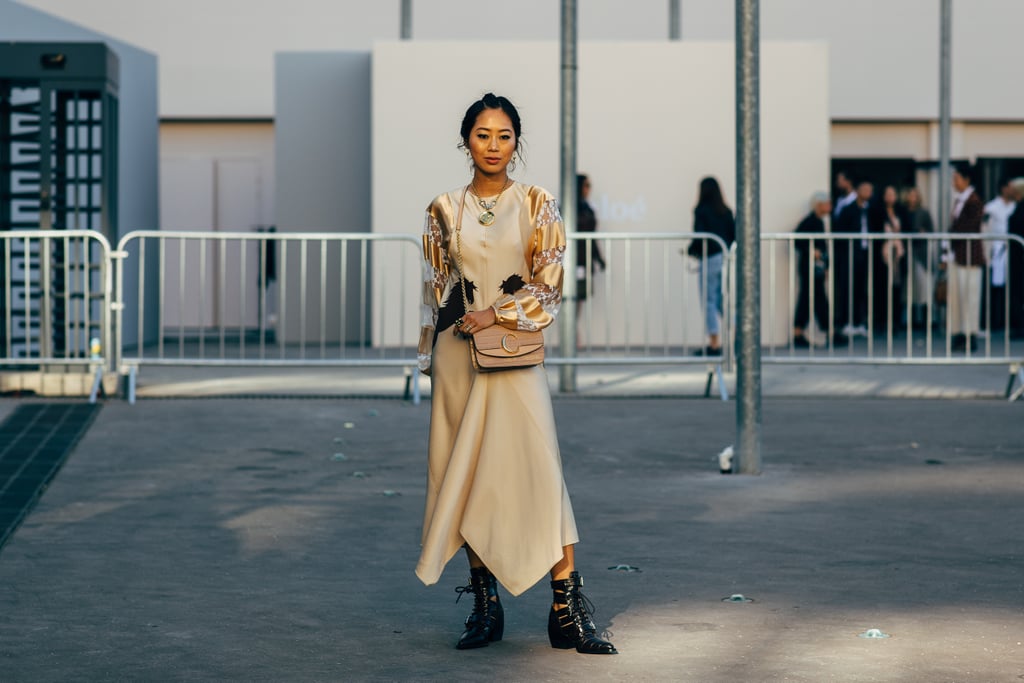An asymmetrical hemline draws attention to your shoes, putting them on full display.
