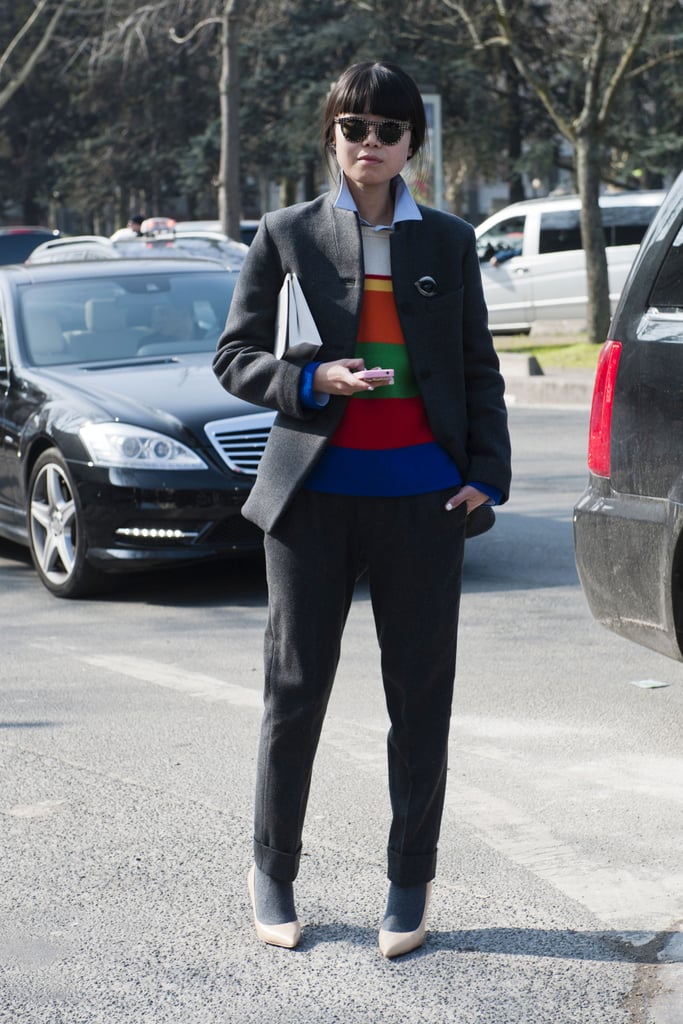 Bold striping gave wool suiting a playful counter.
Bold striping gave wool suiting a playful counter.
