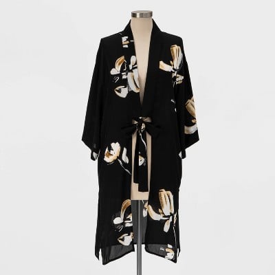 Black Floral Print Kimono