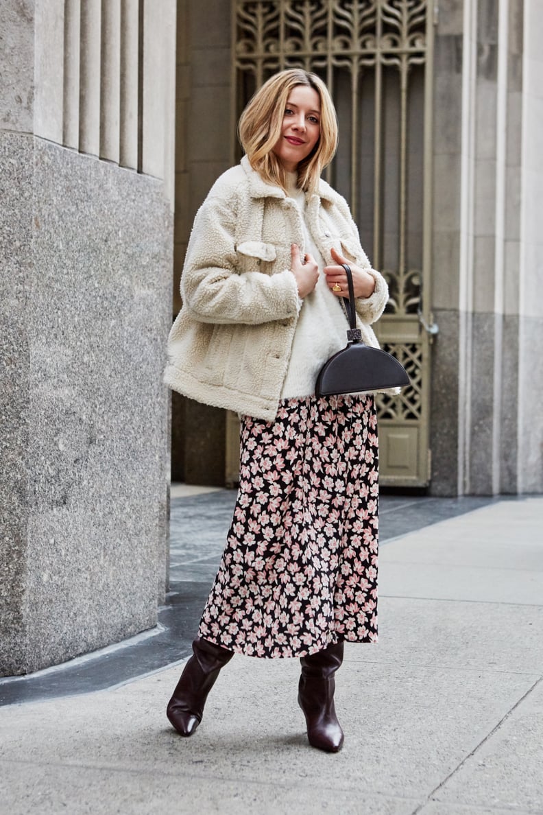 Winter Outfit Formula: Fuzzy Sweater + Sherpa Jacket + Slip Skirt + Slouchy Boots + Bag