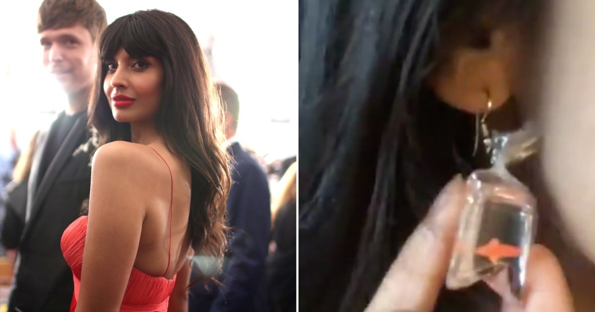Jameela Jamil Goldfish Earrings at the 2019 Grammys POPSUGAR Fashion