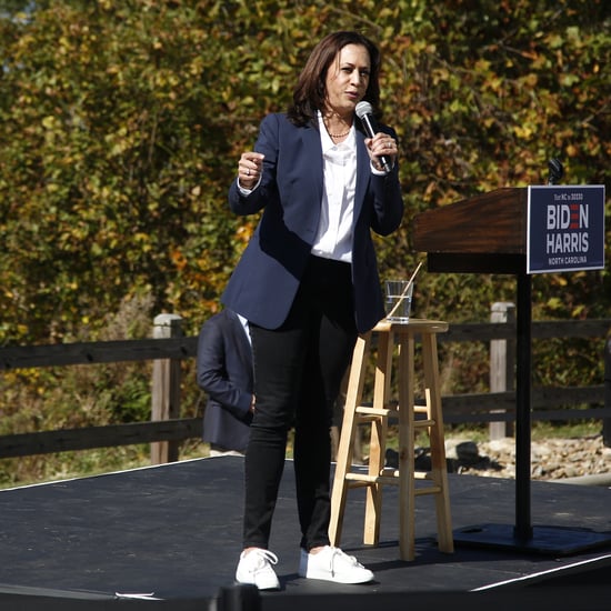 Kamala Harris Wearing White Kenneth Cole Sneakers and a Suit