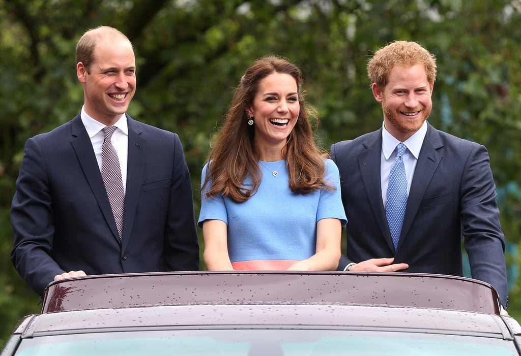 All eyes were on the royal family when they arrived at The Patron's Lunch for the queen's 90th birthday in London on Sunday. Clad in a blue colorblock dress, Kate Middleton waved to guests as she traveled down The Mall and around St. James's Park in an open-top Range Rover with Prince William and Prince Harry by her side. Leading the parade were Queen Elizabeth II and Prince Philip, who appeared to be in good spirits, smiling and waving to the 10,000 guests in attendance. During the picnic lunch — which also marked the queen's 63 years of reign — the royals met with representatives of some of her 626 charities and patronages.
Kate and Will's outing comes at the tail end of a jam-packed week for the couple. After attending a national service of thanksgiving at St. Paul's Cathedral for the queen on Friday, they popped up at the Trooping the Colour parade, where they were completely outshone by their two adorable children, Prince George and Princess Charlotte. Find out what else is in store for the pair in 2016.