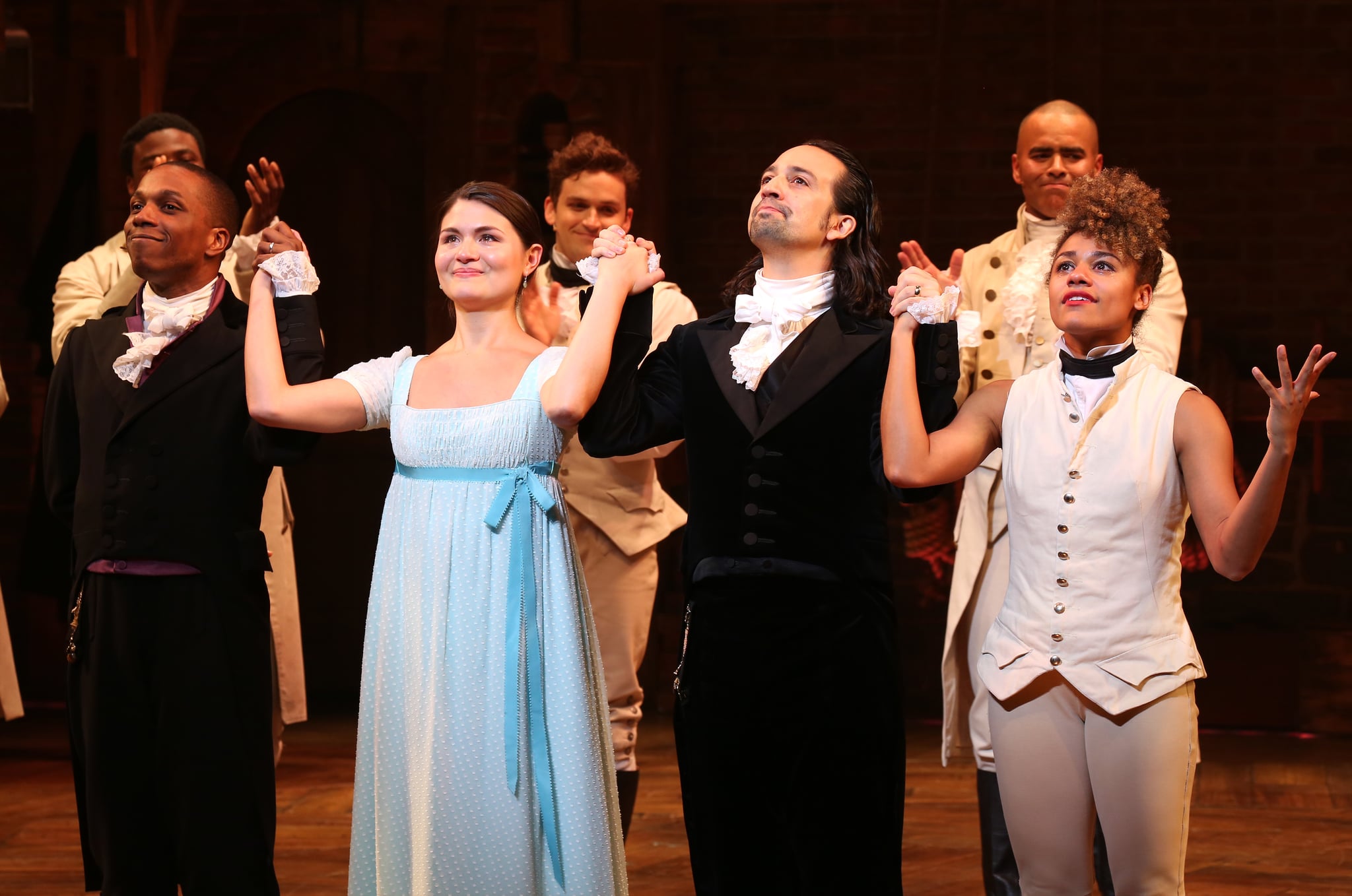 NEW YORK, NY - JULY 09:  Leslie Odom Jr., Phillipa Soo and Ariana DeBose with Lin-Manuel Miranda during their final performance curtain call of 'Hamilton' on Broadway at Richard Rodgers Theatre on July 9, 2016 in New York City.  (Photo by Walter McBride/WireImage)