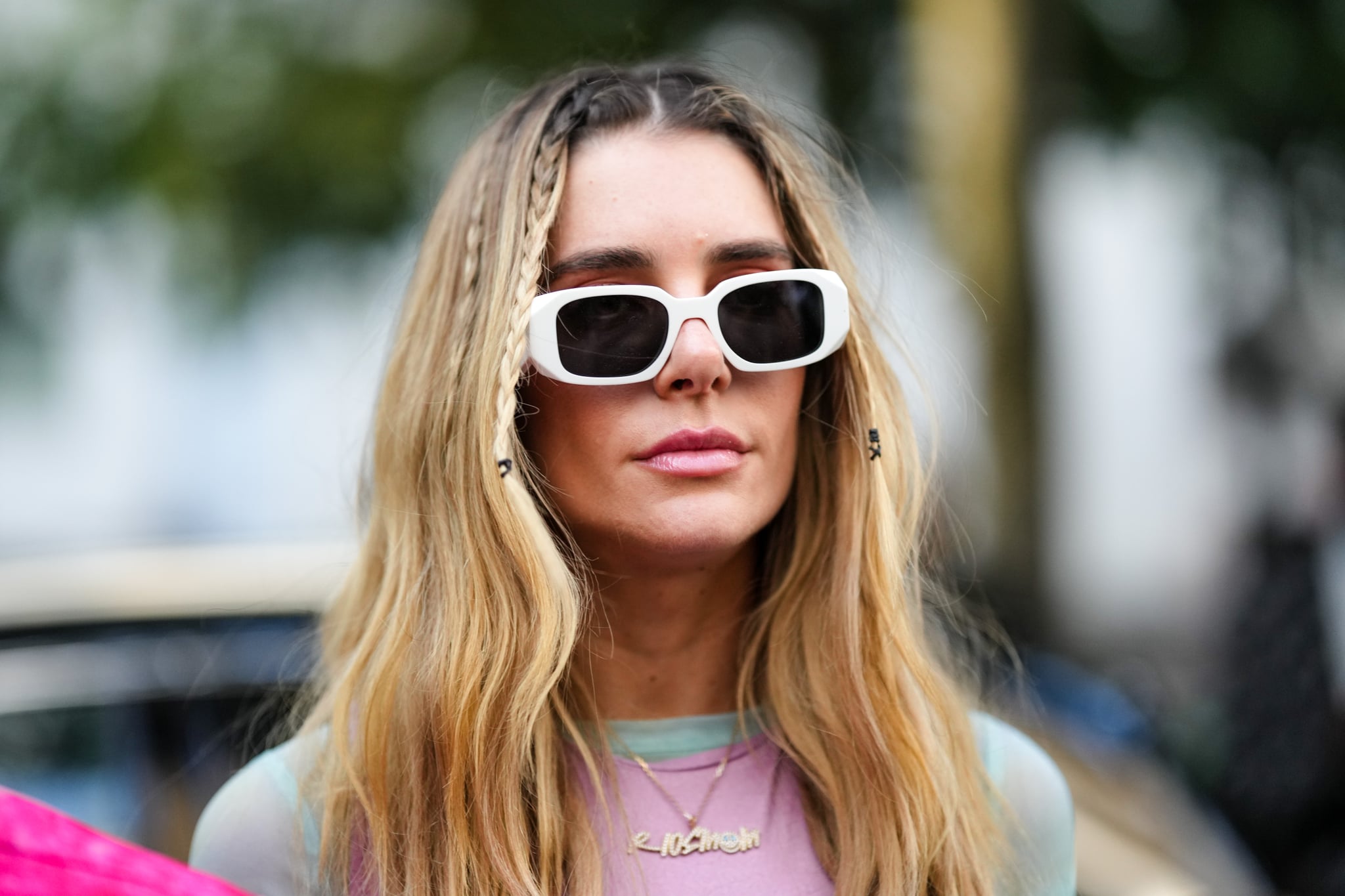 PARIS, FRANCE - JUNE 24: Valentina Ferrer wears white sunglasses, a pale green long sleeves t-shirt, a pale pink t-shirt, a gold chain pendant necklace , outside the Kidsuper show, during Paris Fashion Week - Menswear Spring/Summer 2023, on June 24, 2022 in Paris, France. (Photo by Edward Berthelot/Getty Images)
