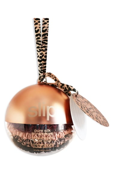A Hair Accessory Set: Slip Pure Silk Skinny Hair Tie Rose Gold Holiday Bauble