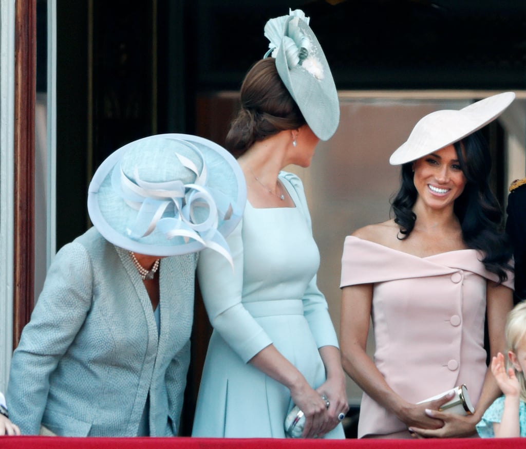 Camilla, Kate, and Meghan were all smiles during the June 2018 Trooping the Colour ceremony, which was Meghan's first time in attendance.