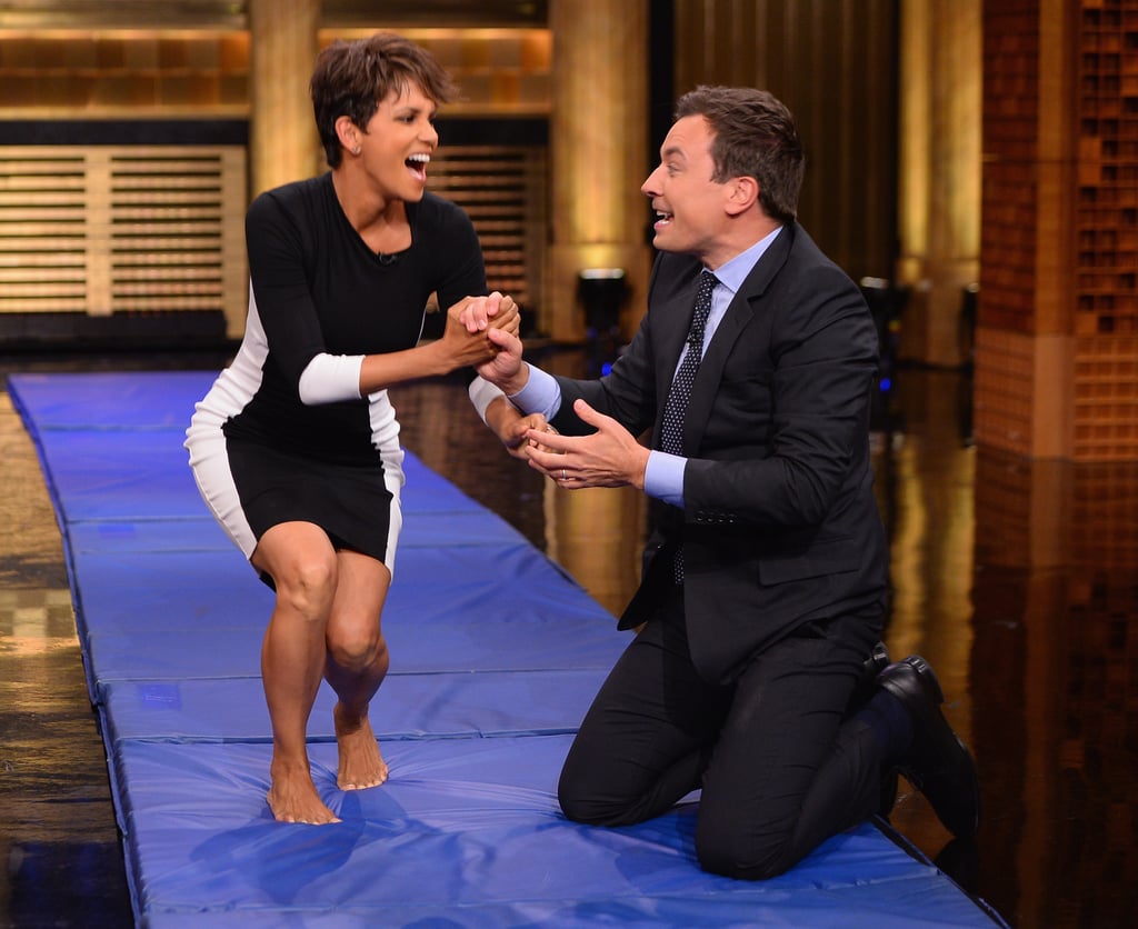 She rolled around with Jimmy Fallon in this black-and-white Astars dress.