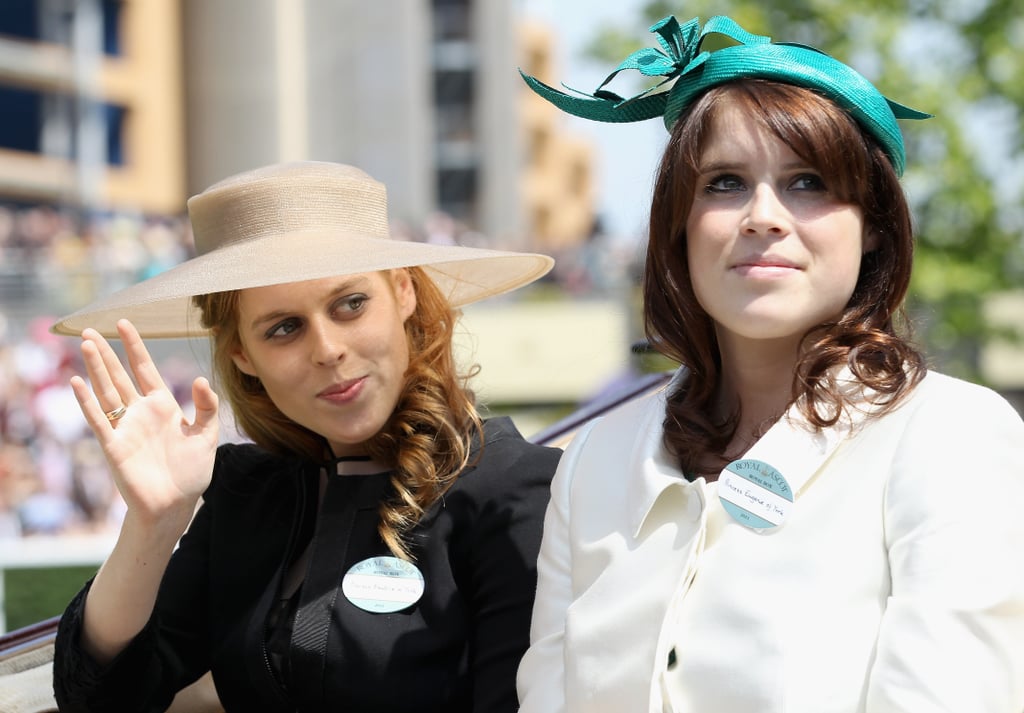 Princesses Beatrice and Eugenie attended day one of Royal Ascot 2011, wearing (respectively) a wide-brimmed sun hat and a teal green fascinator.
