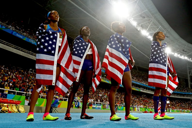 RIO DE JANEIRO, BRAZIL - AUGUST 19:  English Gardner, Allyson Felix, Tianna Bartoletta and Tori Bowie of the United States celebrate winning gold in the Women's 4 x 100m Relay Final on Day 14 of the Rio 2016 Olympic Games at the Olympic Stadium on August 