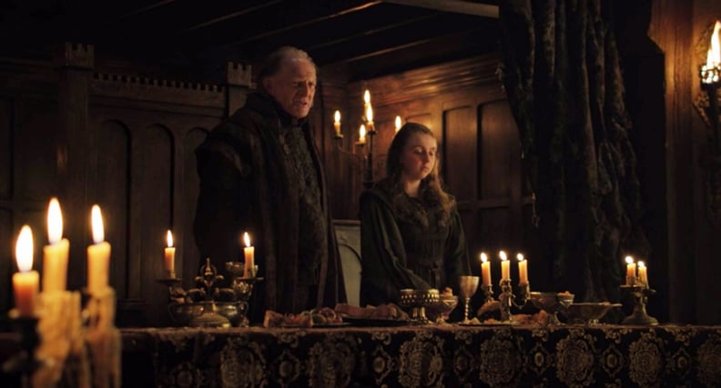 "Walder" sitting next to a terrified young wife before the Red Wedding Revenge