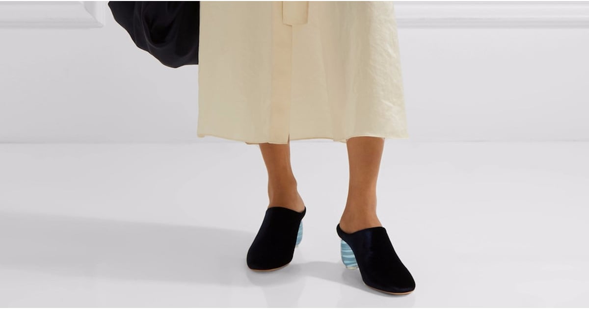 Navy Crystal Embellished Velvet Fur Mules