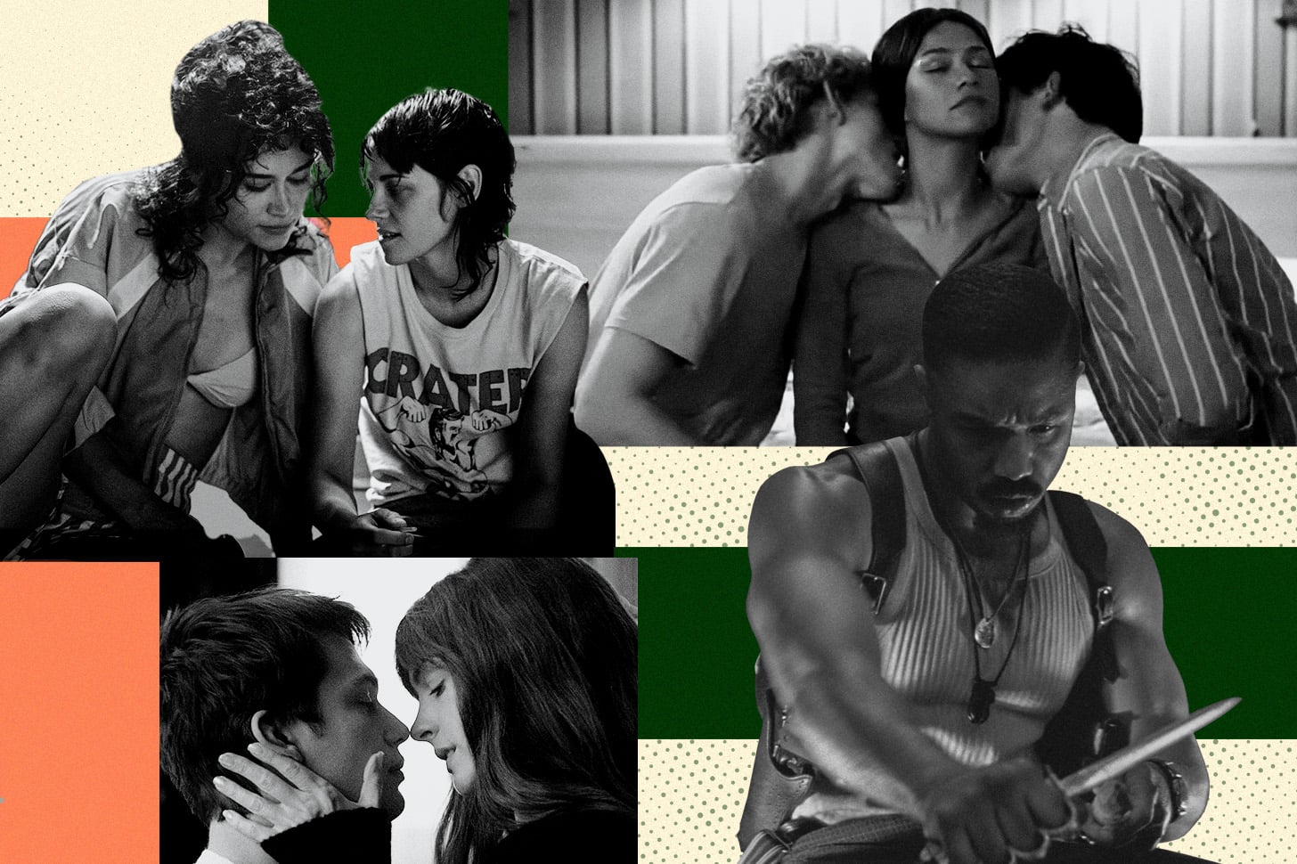 stills from the movies Challengers, Love Lies Bleeding, The Idea of You, and Sinners
