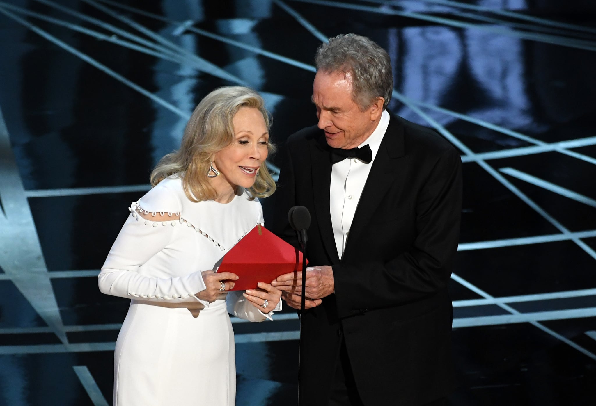 HOLLYWOOD, CA - FEBRUARY 26:  Actors Faye Dunaway (L) and Warren Beatty speak onstage during the 89th Annual Academy Awards at Hollywood & Highland Center on February 26, 2017 in Hollywood, California.  (Photo by Kevin Winter/Getty Images)