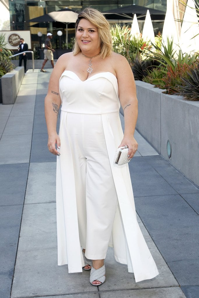 Wear a Strapless Jumpsuit With White Mules