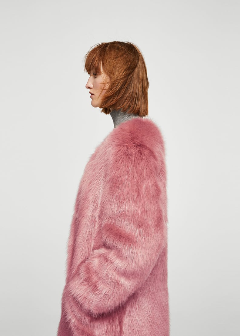 Mango Brooch Faux Fur Coat