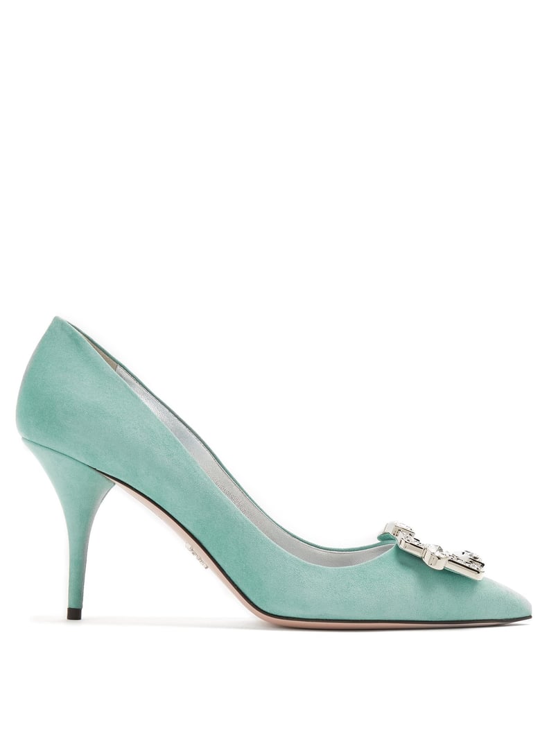 Prada Crystal Buckle Suede Mule Pumps