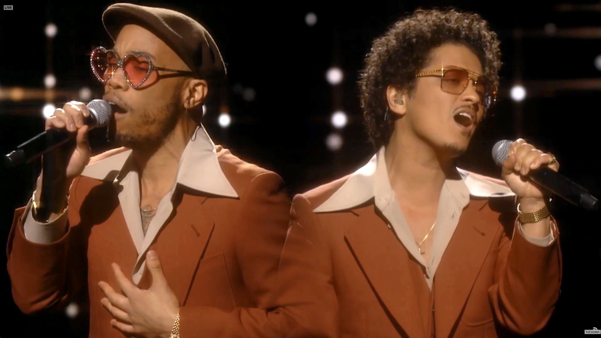 UNSPECIFIED: In this screengrab released on March 14, (L-R) Anderson .Paak and Bruno Mars of music group Silk Sonic perform onstage during the 63rd Annual GRAMMY Awards broadcast on March 14, 2021. (Photo by Theo Wargo/Getty Images for The Recording Academy)