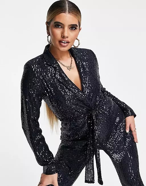 ASOS Design Jersey Sequin Suit Wrap Blazer