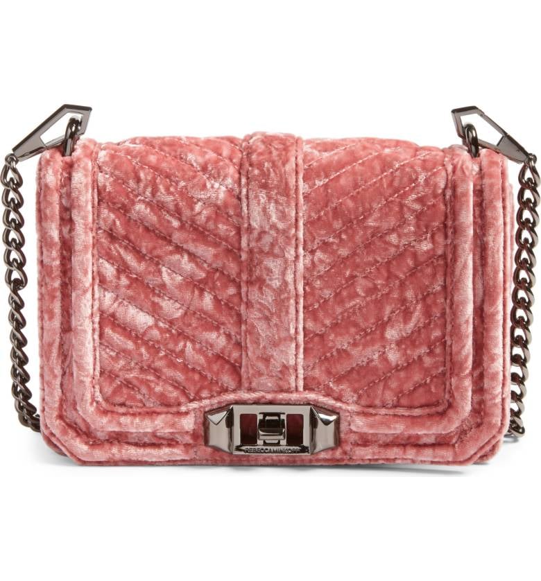 A rosy hue and velvet finish set this Rebecca Minkoff Small Love Velvet Crossbody Bag ($175) apart from the rest.