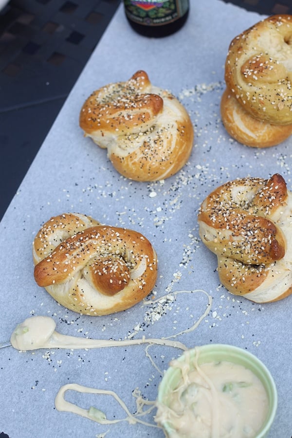 Everything Bagels With Aged Monterey Jack, Pale Ale, and Hatch Pepper Fondue