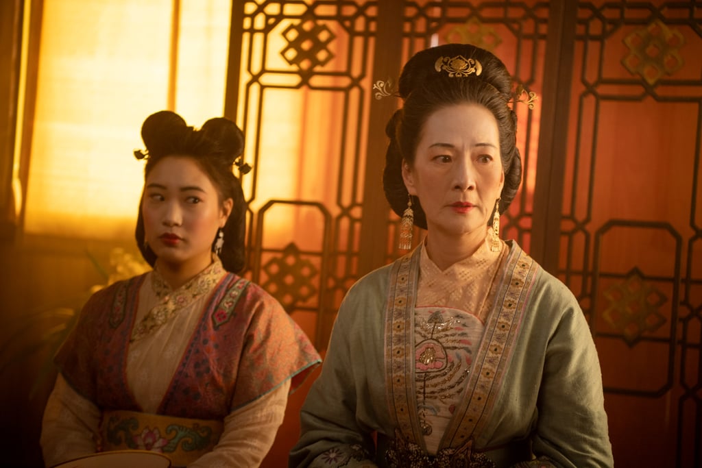 The larger-than-life characters in the film include the Matchmaker, Xianniang (the movie's primary villain), and Bori Khan, and that's shown in their hair and makeup designs. 
"For the matchmaker, the hair ornaments, the size of the hair, and the more extravagant shapes were taken directly from what is replicated in a lot of the sculptures and the scroll paintings of that time," said Kum. "The looks are very lush and opulent. The hairstyles have much to do with class and wealth so these were intentionally decorative and very big."