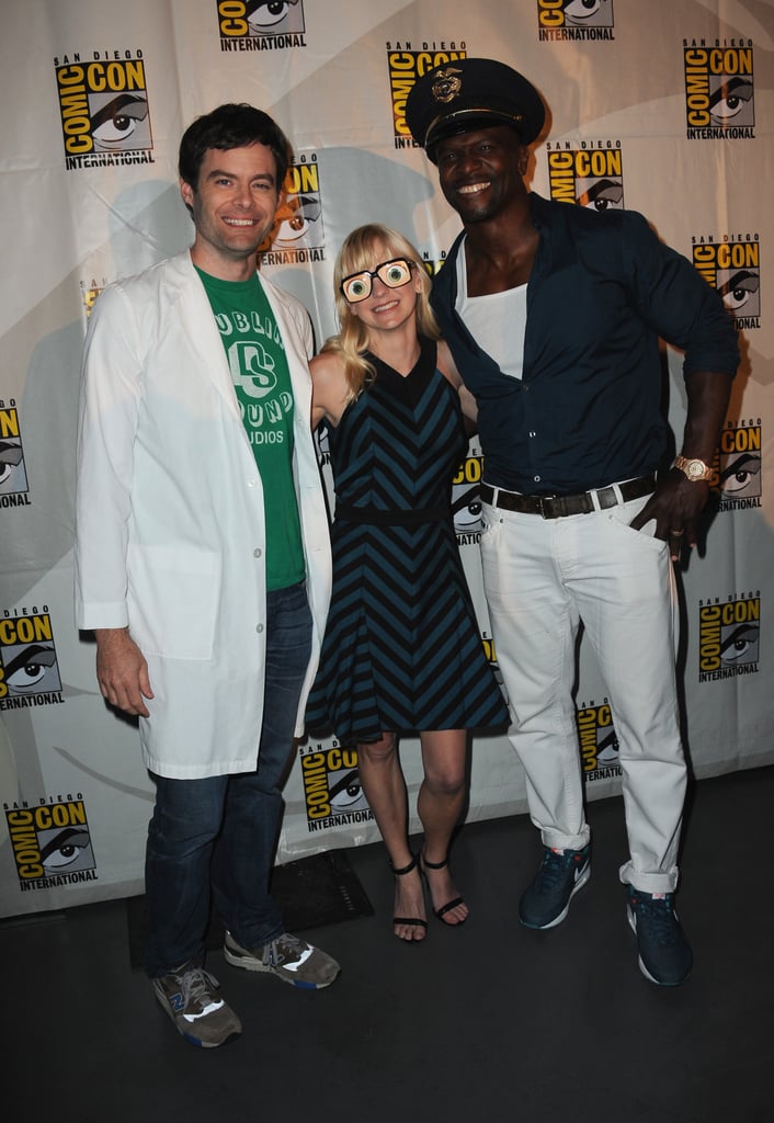 Bill Hader, Anna Faris, and Terry Crews donned silly accessories for the panel of their animated film, Cloudy with a Chance of Meatballs 2, in 2012.