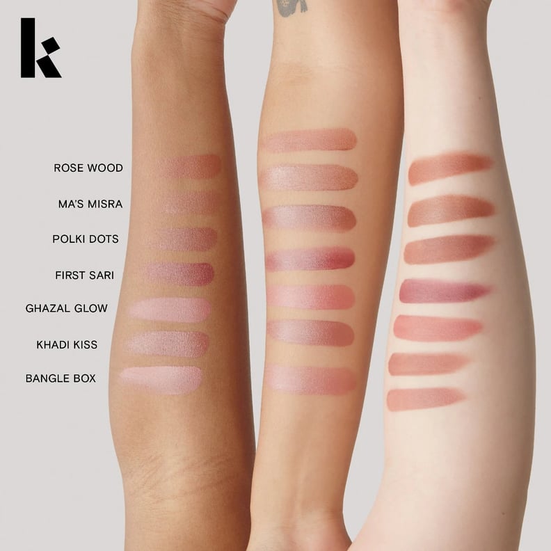 Swatches of the Kulfi Beauty Heirloom Satin Lipstick on different skin tones.