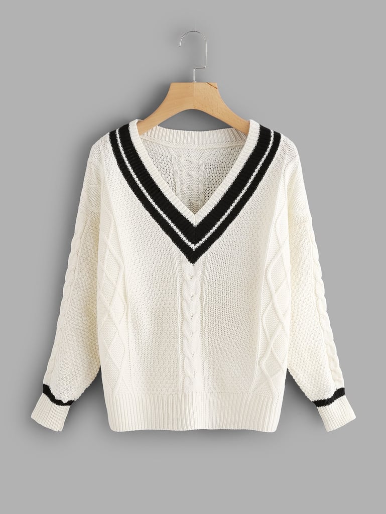 Shein V Neckline Striped Trim Knit Sweater Kate Middletons White Sweater In Northern Ireland 5708