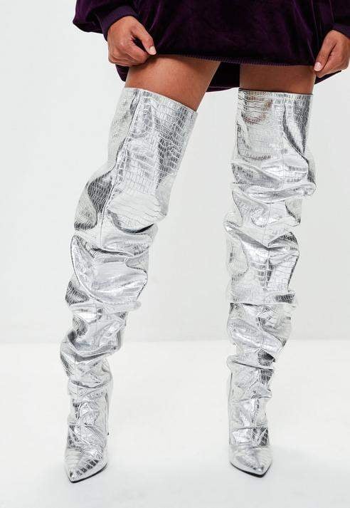 Silver Slouch Thigh High Boots 