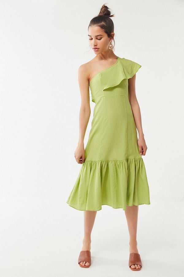 UO Carmen Linen One-Shoulder Ruffle Midi Dress