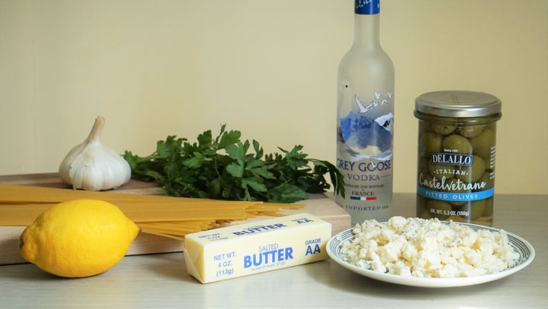 dirty martini pasta recipe ingredients: olives, vodka, blue cheese, lemon, garlic, butter, pasta