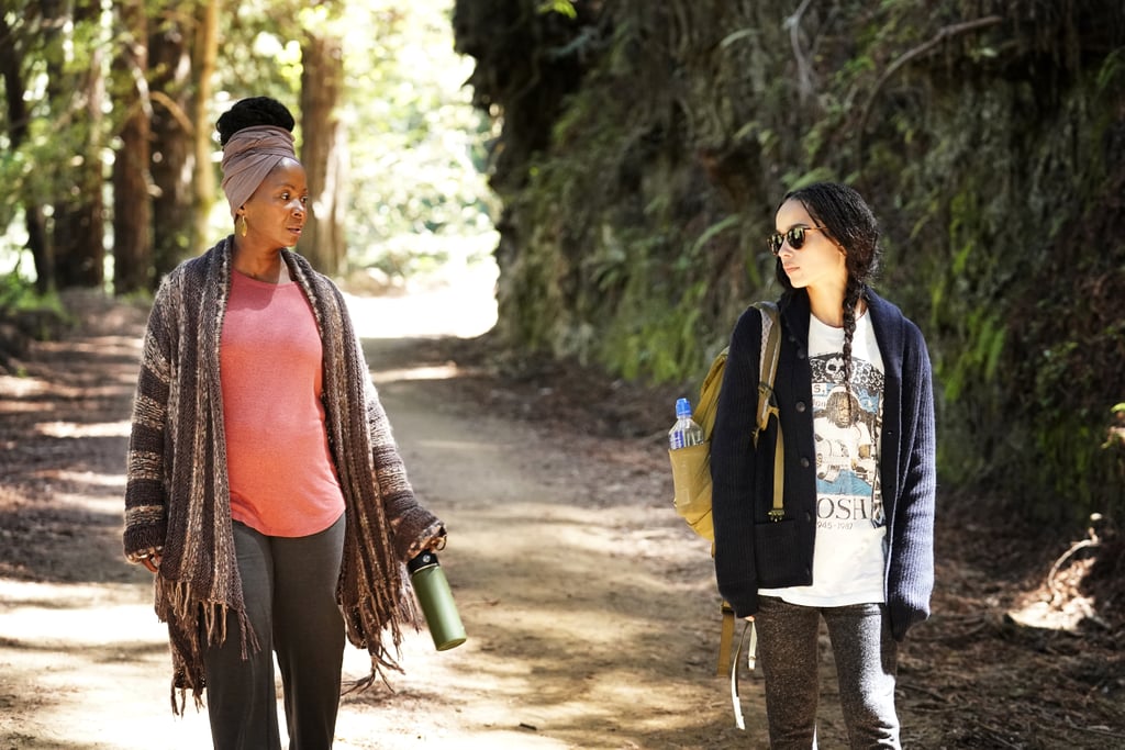 Crystal Fox as Elizabeth Howard, Bonnie's mom, wearing a head wrap and fringed sweater, and Zoë Kravitz as Bonnie Carlson wearing a graphic tee.